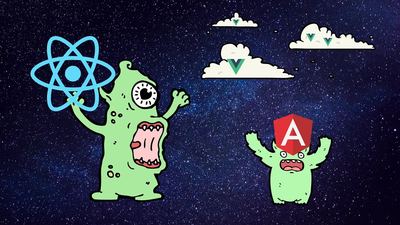 Monsters holds React and angular logo